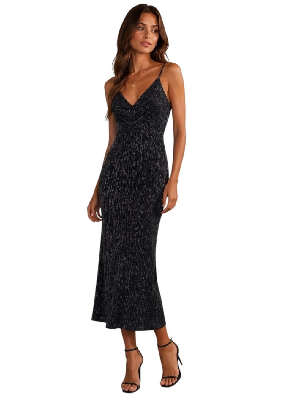 Vintage Studio 1011 Black Silver Metallic Shimmer Midi Dress Small Evening